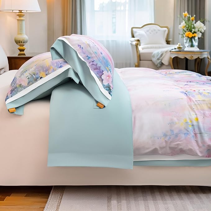 MAGRACE Watercolor Printed Duvet Cover Set Queen Size - Impressionist Floral Bedding in Washed Fiber – Pastel Ombre Garden Print with Corner Ties & Zipper – Soft and Artistic