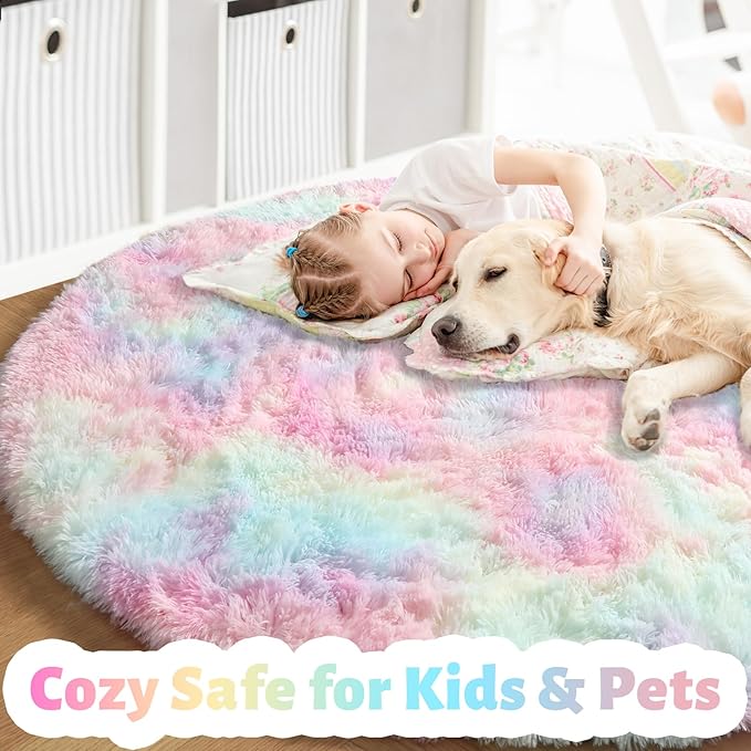 Amdrebio Rainbow Fluffy Round Rug 5Ft Kids Rugs for Girls Bedroom, Unicorn Room Decor, Colorful Pastel Shag Carpet for Playroom Baby Nursery, Cute Furry Kawaii Circle Area Rug for Toddler Princess