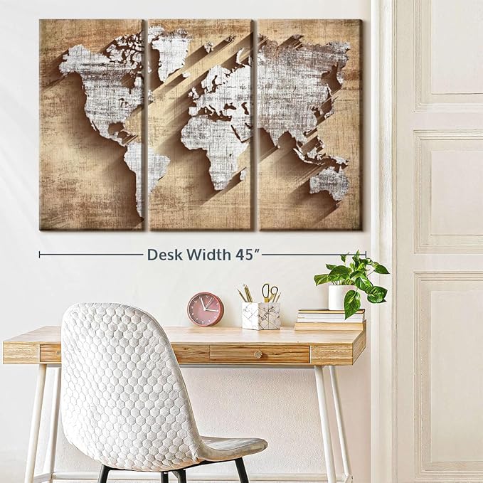 ElephantStock Dimensional World Map II Multi Piece Canvas - 3 Piece Canvas World Map Wall Decor - Wall Decor - Ready-to-Hang Print - Vintage Wall Art - 45" X 28"