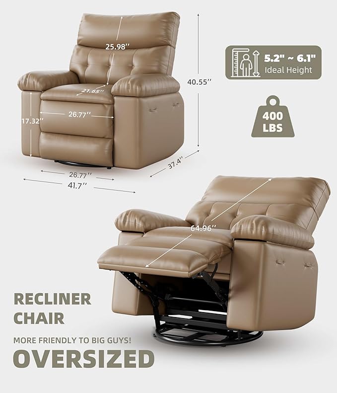 GarveeHome Oversized Power Rocker Swivel Recliner Chair - Heat and Massage, PU Leather Electric Glider Rocking Chair with USB Port, Glider Recliner Nursery Chair for Living Room, Bedroom, Nursery