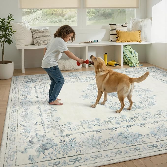 Wonnitar Bow Print Area Rug for Living Room, Ultra-Thin Blue 8x10 Washable Rug, Non Slip Soft Boho Floral Aesthetic Indoor Decor Carpet for Boys Playroom Dining Room Office