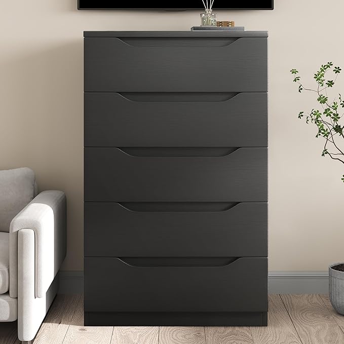 Black Tall 5 Drawer Dresser for Bedroom with Hidden Storage Design, Large Modern Closet Dressers & Chests of Drawers with Cut-Out Handles, 27.6" L*15.8" W*45.3" H for Bedroom, Living Room, Nursery
