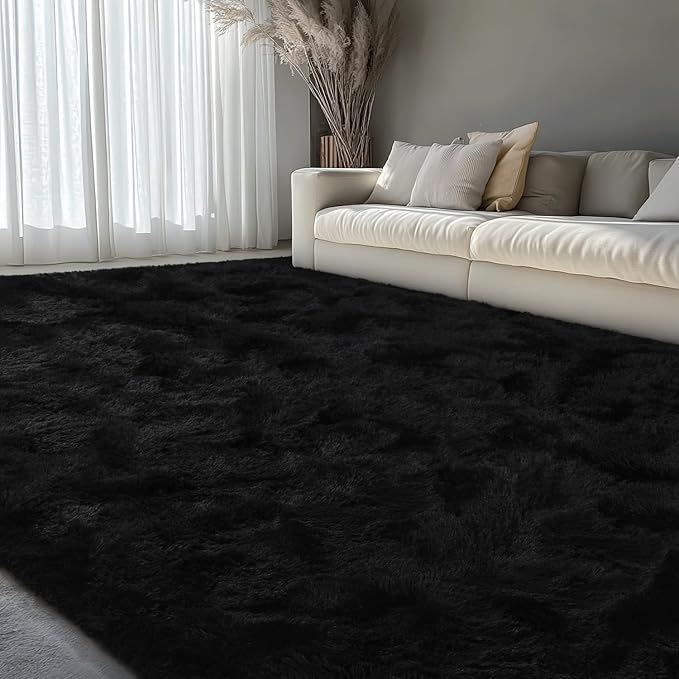 EVOIONOS 8x10 Washable Large Area Rug for Living Room, Fluffy Shag Rug for Bedroom, Ultra Soft Plush Non Slip Carpet for Indoor Floor Bedside Nursery Kids Girls Room Dorm, Home Decor Aesthetic, Black