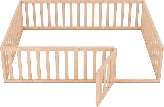 Bellemave Montessori Floor Bed Frame with High Fence and Door, Queen Floor Bed for Kids, Girls & Boys, Easy Assemble Montessori Beds Queen Size, Natural