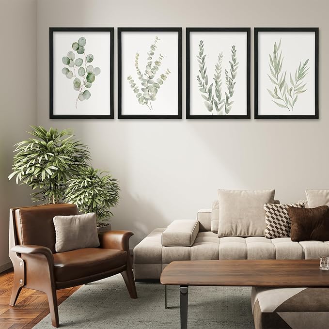YWJKWLGS Botanical Watercolor Prints Sign Sage Green Eucalyptus Wall Decor 11x16 Inch Set of 4 Minimalist Wood Framed for Bathroom Laundry Room Office Wall Hanging Art (Black)