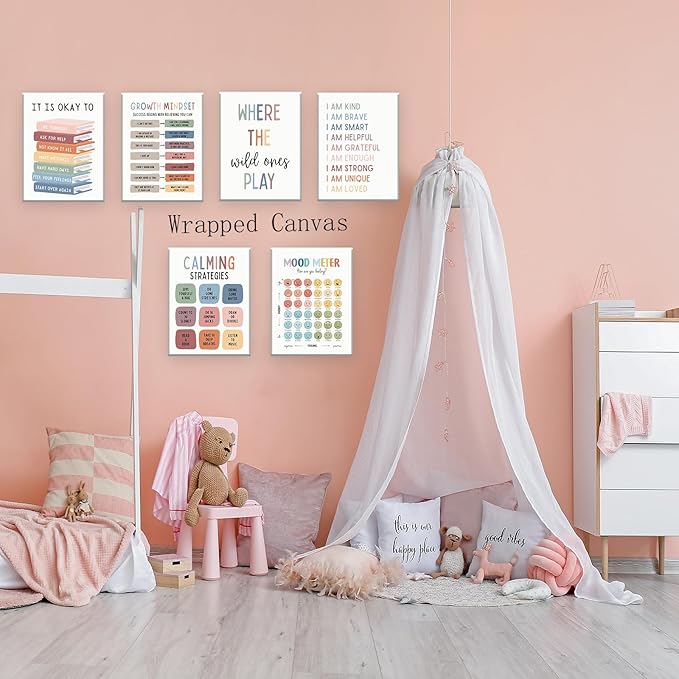 UNXIS Growth Mindset Poster Positive Affirmations Wall Decor It Is Ok To Be Yourself Frame Canvas Wall Art Calming Corner Strategies Chart 8x10in Set of 6 for Boy Girl Baby Children's Room