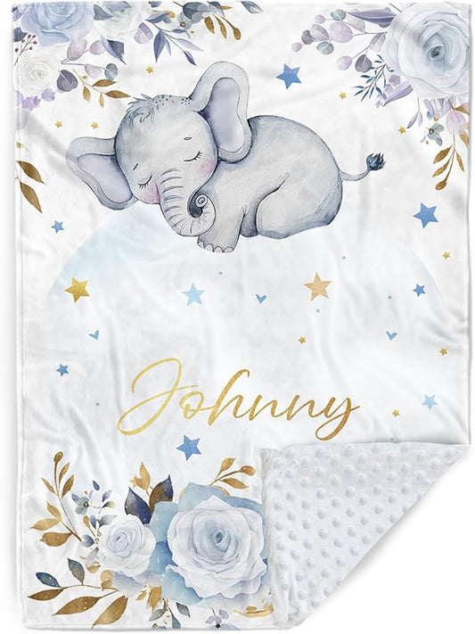 Personalized Baby Blanket for Boys Girls, Custom Baby Blanket with Name, Flannel Blue Elephant Blanket Personalized Gifts for Kids Newborn Infant, Ideal for Birthday Baby Shower(60" x80)