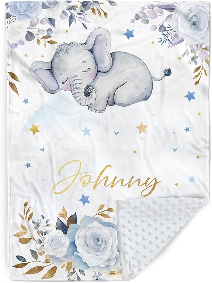 Personalized Baby Blanket for Boys Girls, Custom Baby Blanket with Name, Flannel Blue Elephant Blanket Personalized Gifts for Kids Newborn Infant, Ideal for Birthday Baby Shower(47" x60)