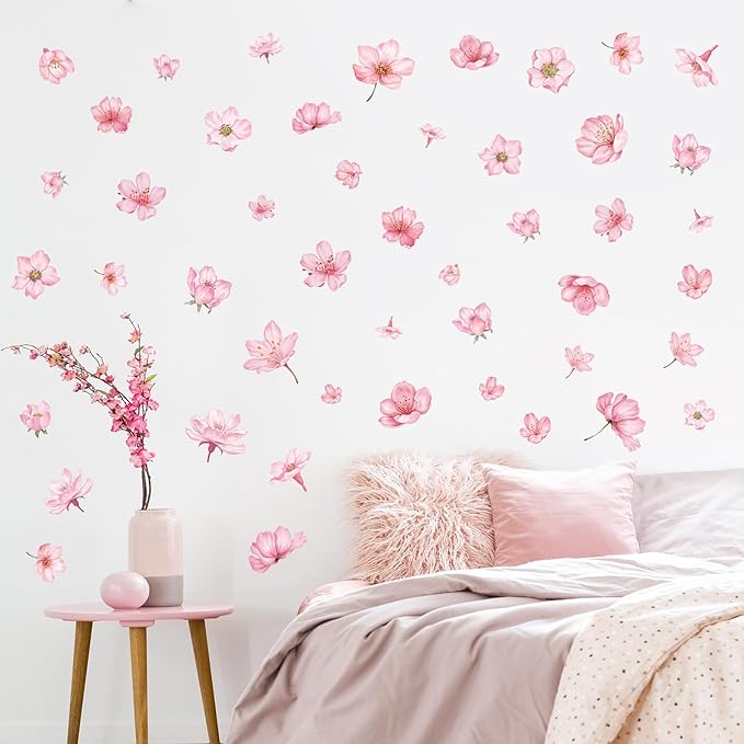 49 Pcs Cherry Blossom Flowers Vinyl Wall Stickers, Watercolor Sakura Floral Peel and Stick Wall Decals, DIY Wall Decor for Girls Bedroom Living Room Nursery