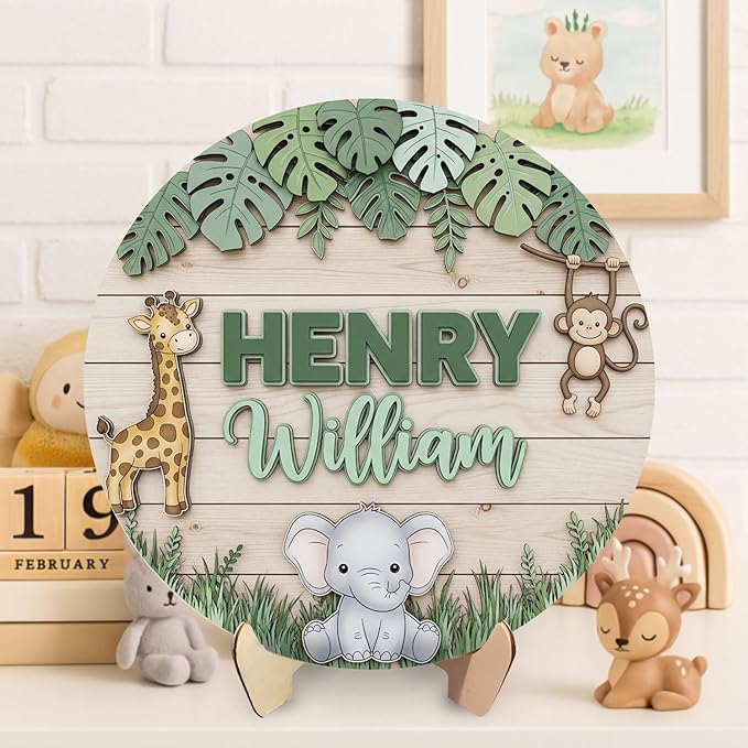 Personalized Jungle Theme Wooden Name Sign – Custom Animal Nursery Decor with Giraffe, Monkey, and Elephant Teen Bedroom Decor Nursery Decoration for Boys and Girls