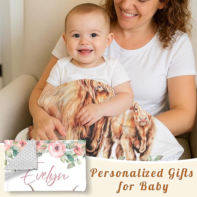 Personalized Baby Blanket for Boys, Custom Name Blanket for Girl Newborn Mom, Soft Flannel with Double Layer Dotted Backing, Gifts for Baby Shower Christmas Birthday, Highland Cow(60" x80)