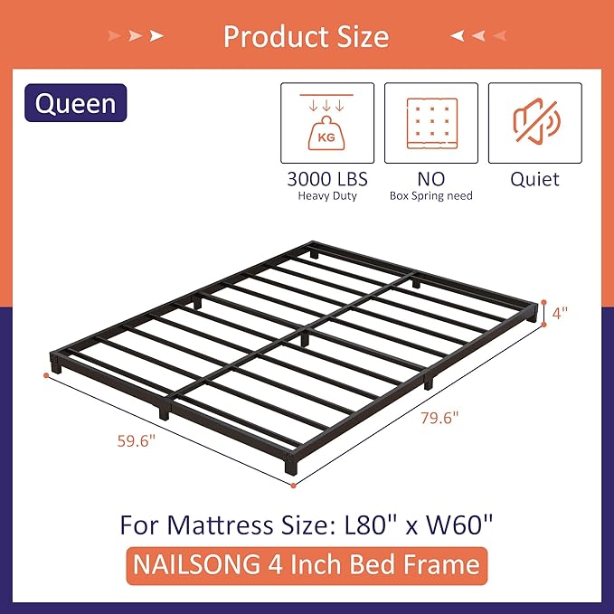 4 Inch Bed Frame Queen Size Low Profile, Queen Bed Frame No Box Spring Needed, Heavy Duty Metal, Easy Assembly, Black