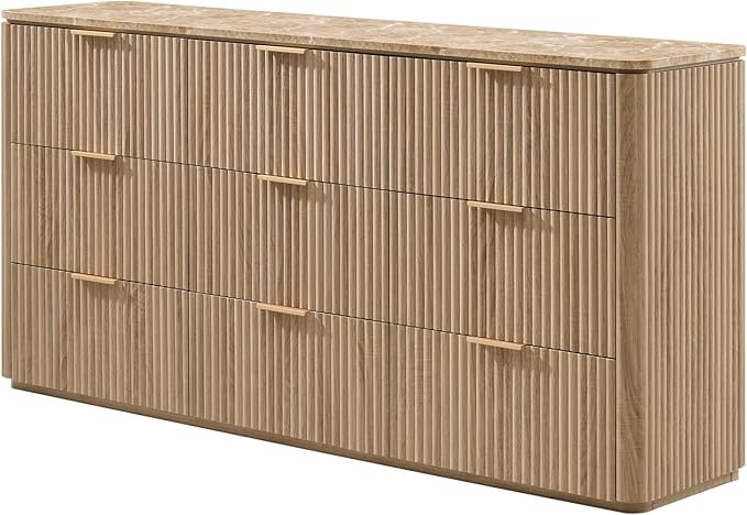 Fluted 9 Drawer Dresser for Bedroom, 63" Wide Modern Chest of Drawers with Faux Marble Top, Curved Corners Design, Wooden Dresser TV Stand with Organizer Storage for Living Room (Natural Oak, 63" W)