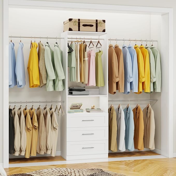 4–8FT Closet System with 3 Wood Drawers, Closet Organizer System with 5 Stainless Steel Rods, Modular Walk-in Closet System with Shelves, Wall Mounted Built-in Closet Organization System