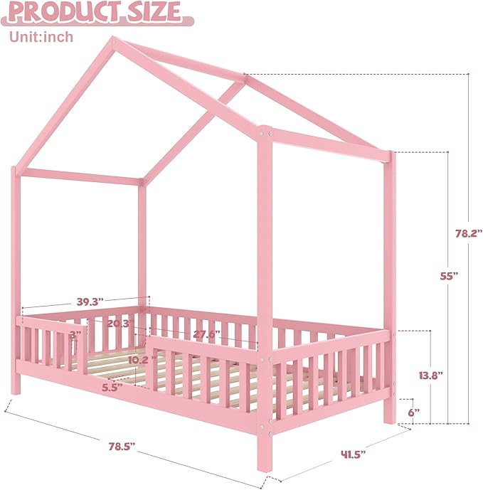 Montessori Floor Bed with Canopy, High Railings and Roof, Twin Size Wood House Bed Frame for Kids Bedroom (Pink/C2)