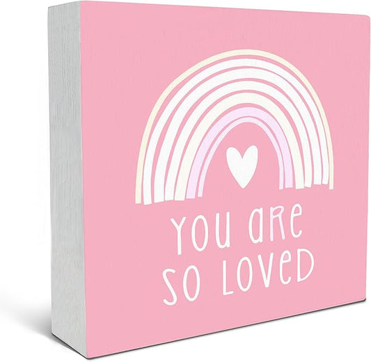 SRADMO You Are So Loved Rainbow Heart Wood Box Sign Desk Decor, Pink Kids Inspirational Quotes Wooden Block Box Sign Decoration for Kids Room Nursery Playroom Shelf Table Decorative Accessories