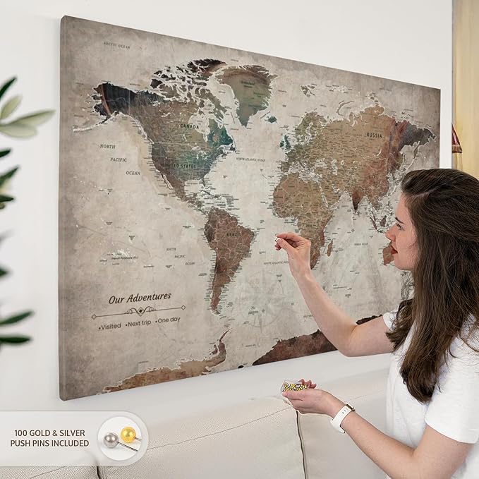 ElephantStock - Our Adventures World Map With Push Pin Iii Wall Art - Horizontal Canvas Wall Art - Living Room Wall Decor - Printmaking Map Canvas Art - Beige And Brown Decor - 51" x 34"