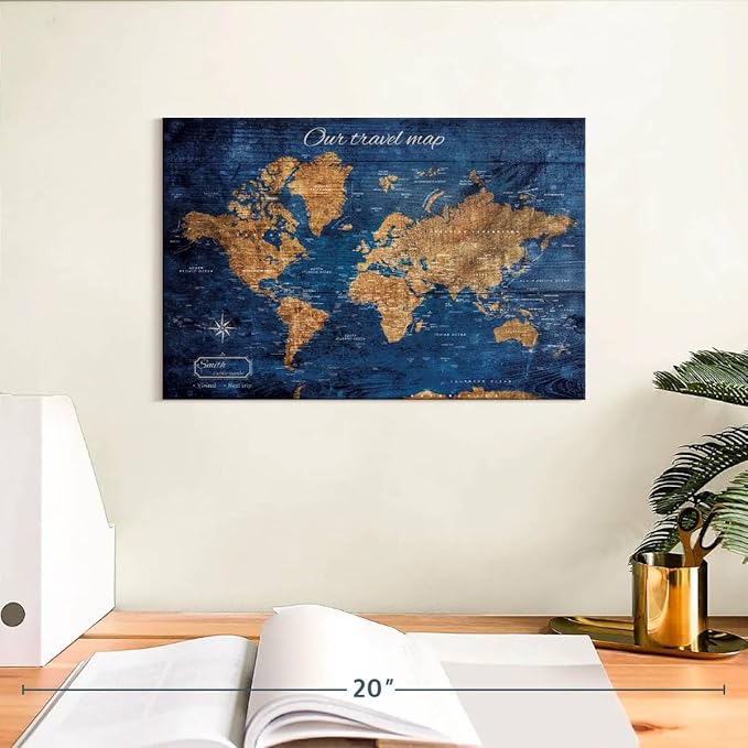 ElephantStock - Personalized Our Travel I Push Pin World Map Wall Art - Horizontal Canvas Wall Art - Living Room Wall Decor - Digital Art Map Canvas Art - Brown And Blue Decor - 12" x 8"