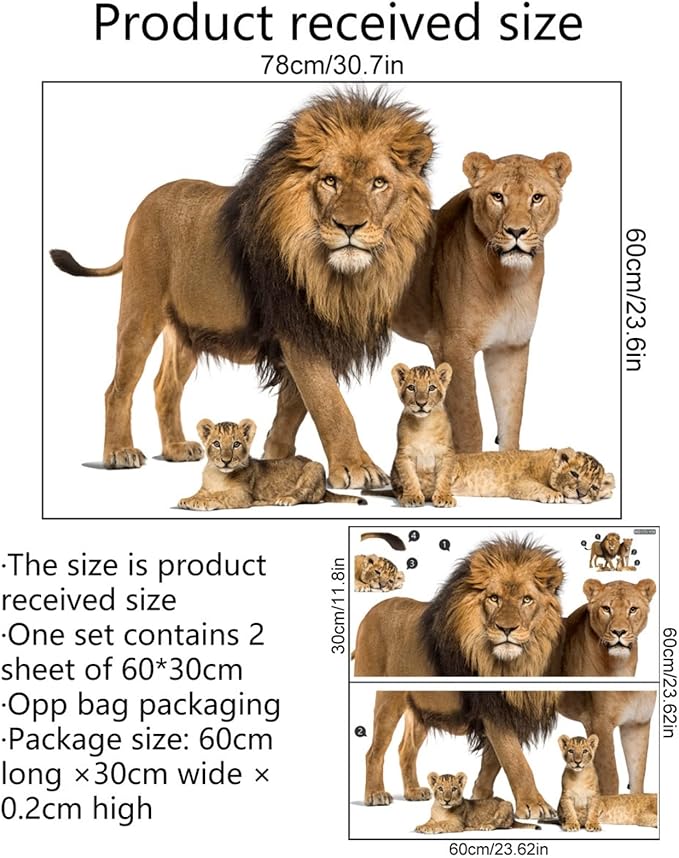 ROFARSO Lifelike Lovely Cute Lion Family Animal Vinyl Wall Stickers Removable Wall Decals Art Decorations Decor for Nursery Baby Bedroom Playroom Living Room Murals