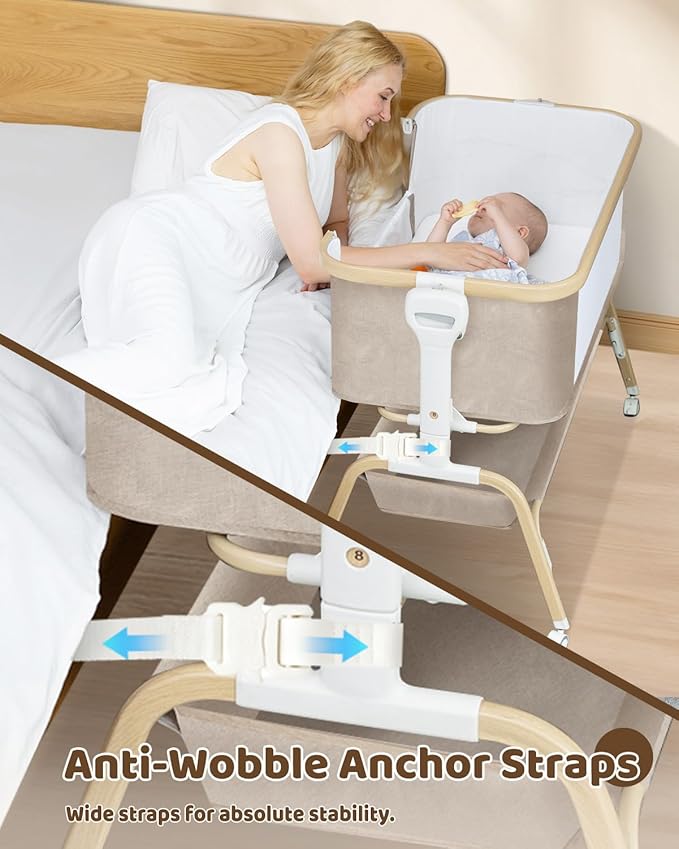 Baby Bassinet, Rocking Bedside Sleeper, Detachable & Portable Bassinet with 8-Level Height, Breathable Mesh, Storage Basket & Rotating Mobile Toy for Newborns Infant(Khaki)