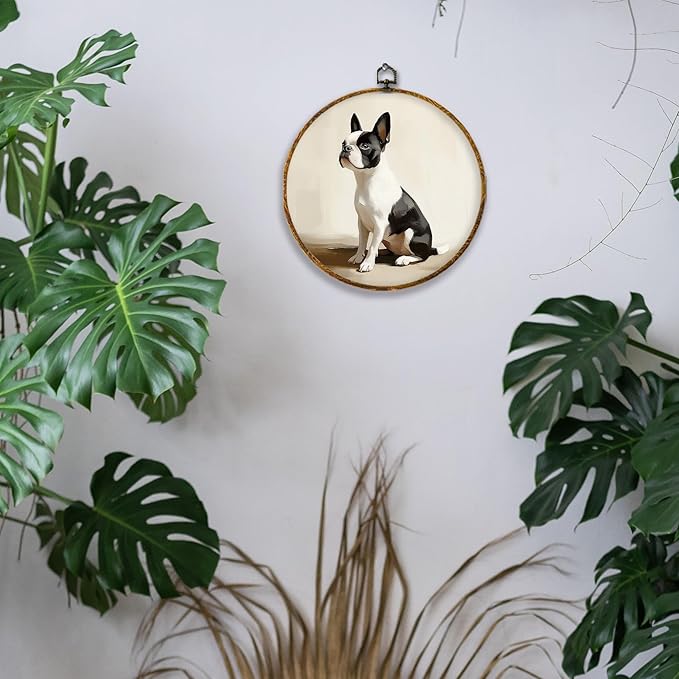 Hiuwevt Vintage Boston Terrier Dog Round Wall Art Decor, Cute Neutral Boston Terrier Framed Canvas Prints, Retro Dog Round Wall Hanging Decor for Home Bedroom Living Room Decorations, 10x10 Inches