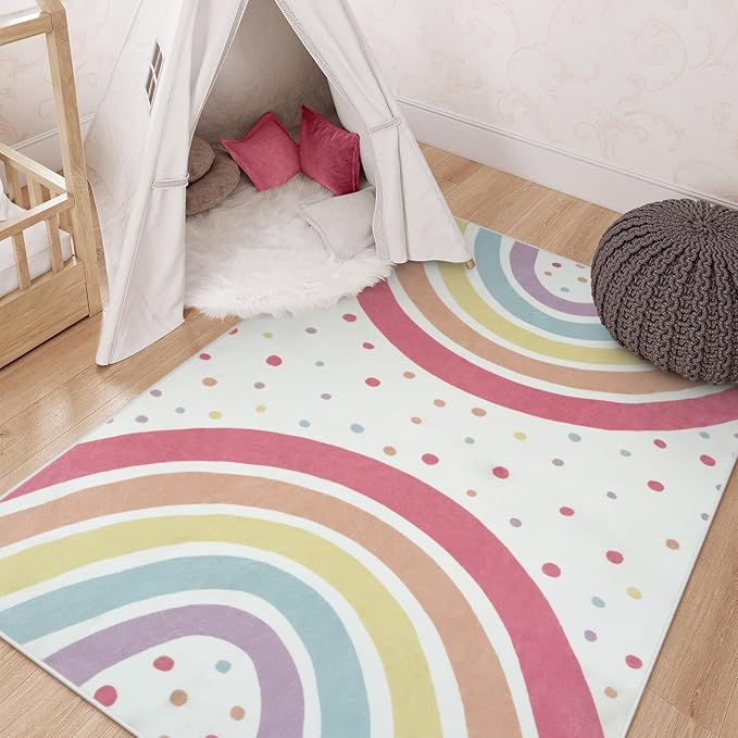 STARUIA Washable Rainbow Rug for Girl Nursery, Small Rug 3X 5 Colorful Area Rugs for Kids Bedroom, Non-Slip Soft Polka Dot Carpet Kids Rugs for Classroom Playroom Tent Castle