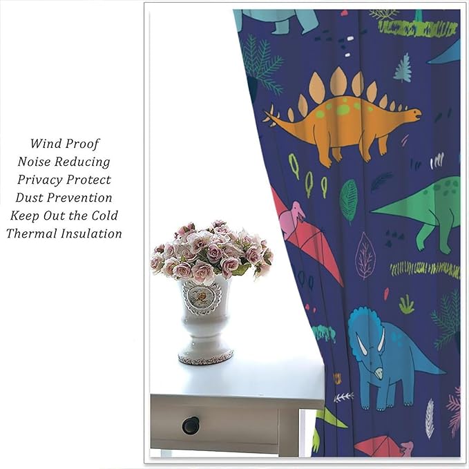 Dinosaurs Blackout Curtains Cute Cartoon Animals Dino Tropical Plant Colorful Art Print for Kids Boys Bedroom Living Room Rod Pocket Decoration Window Drapes 2 Panels W42xL84in