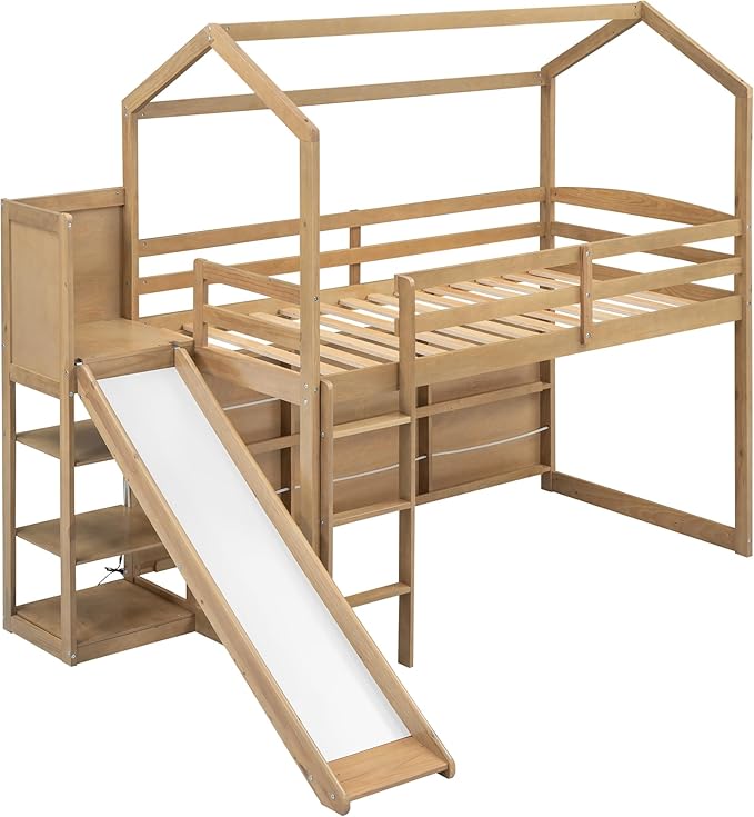 Flieks Twin Size Wood House Loft Bed Frame for Boys Girls Kids Adults Toddler with Slide, Storage Shelves and Light, Climbing Ramp, Wood Color