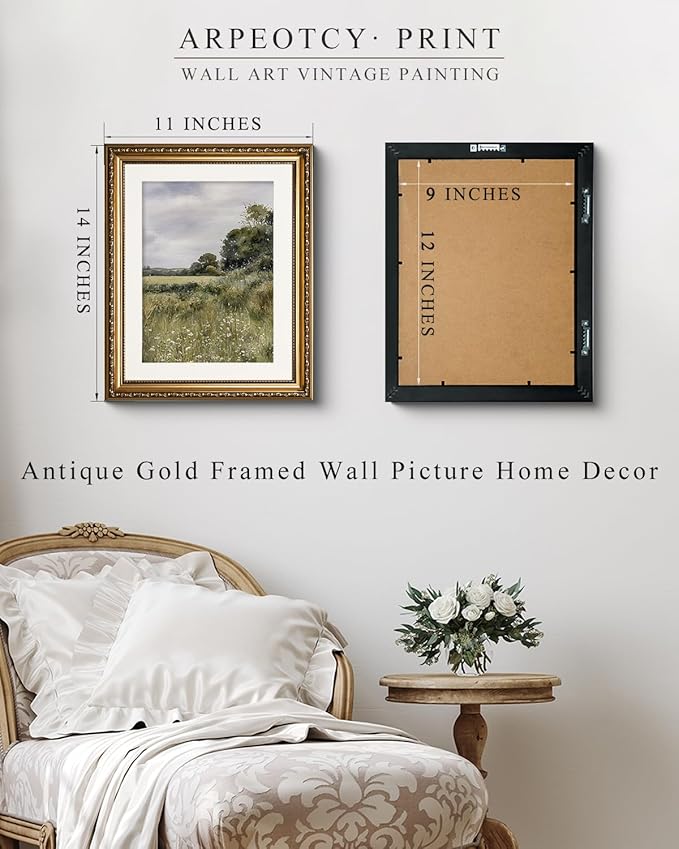 ARPEOTCY Vintage Gold Framed Wall Art, Farmhouse Meadow Landscape Country Paintings, Moody Rustic Canvas Picture Prints Artwork with Frame, Victorian Wall Decor for Living Room Bedroom 11x14 inch