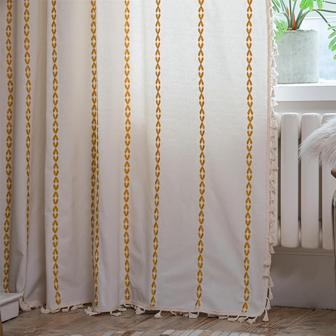 Deeprove Gold Yellow Boho Curtains 84 inches Long for Bedroom, Vintage Bohemian Embroidery Farmhouse Cotton Striped Linen Country Tassel Window Treatments Fall Thanksgiving Decor, W52 x L84, 1 Panel