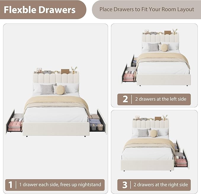 Garvee LED Full Size Bed Frame with Storage Headboard, Kids Bed Frame with 2 Drawers, Boucle Upholstered Platform Bed for Girls, Chic Wavy Headboard with Bookcase, No Box Spring Needed, White