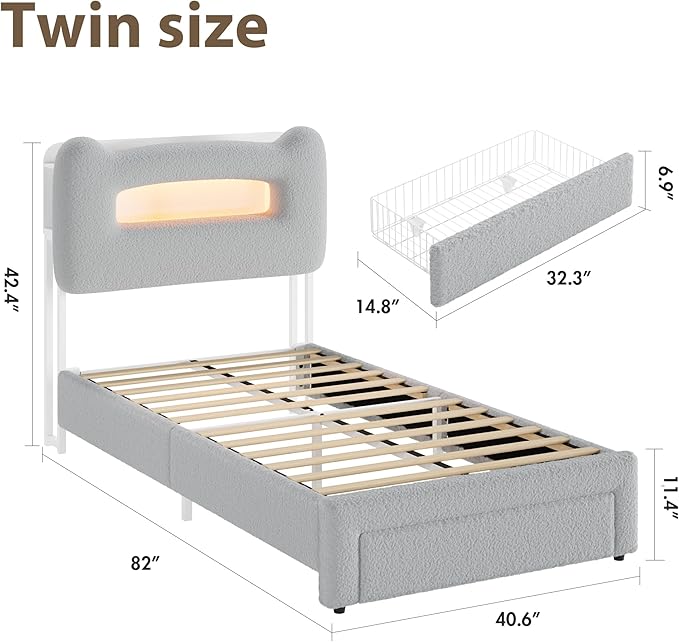 GarveeHome LED Twin Bed Frame with 2-Tier Storage Headboard, Upholstered Platform Bed with Charging Station and Drawer for Kids/Girls/Boys, Heavy Duty Metal Support, No Box Spring Needed, Grey