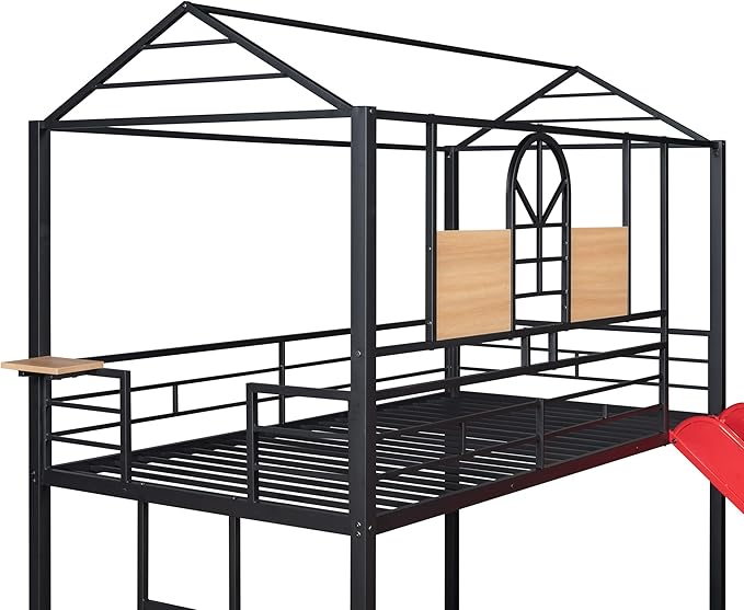 MERITLINE Metal Bunk Bed Twin Over Twin Bunk Bed Frame with Slide,Twin Over House Bed with Guardrails
