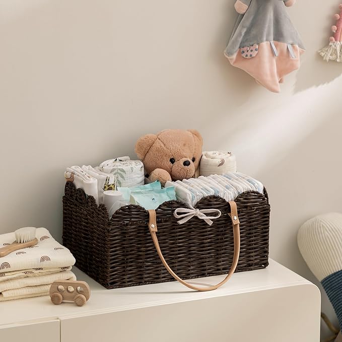 HBlife Baby Diaper Caddy Organizer, Washable Waterproof, Large Portable Scalloped Wicker Woven Basket with Divider, Nursery Diaper Station, Baby Shower Gifts Basket - Newborn Essentials, Car Organizer