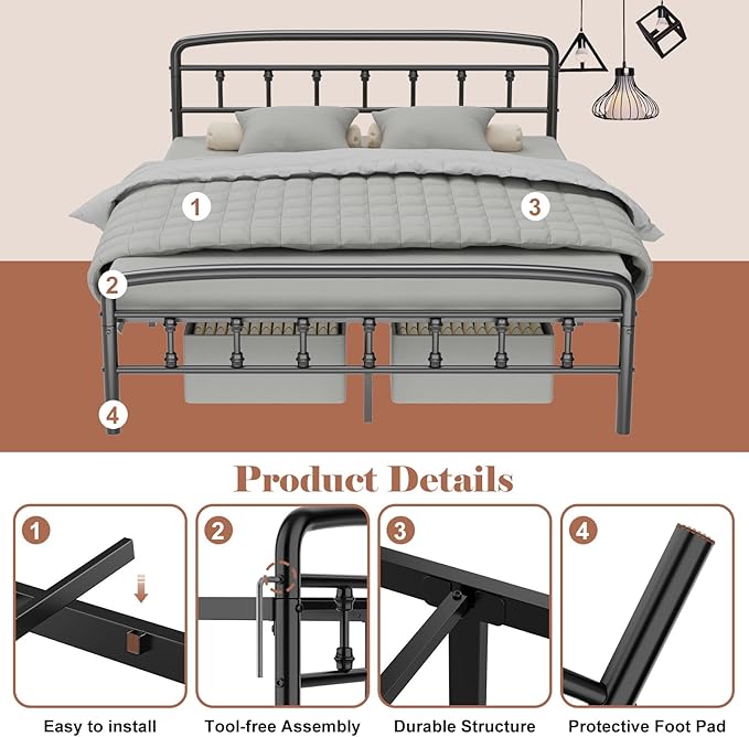 Queen Bed Frames with Headboard, Heavy Duty Bed Frames with Headboard Noise-Free Design & 12" Underbed Storage,No Box Spring Needed/Tool-Free 30 Mins Assembly