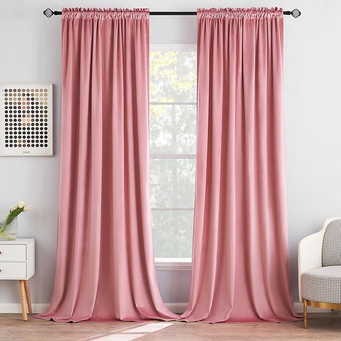MIULEE Blush Pink Velvet Curtains Thermal Insulated Blackout Curtain Drapes for Bedroom Living Room Darkening 90 Inches Long Curtains Panels Rod Pocket Set of 2
