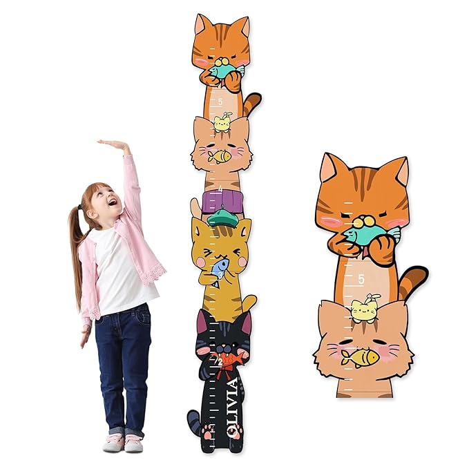 Personalized Name Growth Chart for Kids, Kitten Eating Fish Wooden Height Chart for Wall, Height Measurement for Wall Kids Height Wall Chart Kids Room Nursery Wall Decor