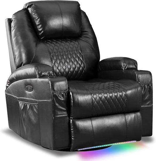 Power Swivel Rocker Recliner Chair with Massage and Heat/LED Lights/USB and Type-C Ports/Infinite Position/Cup Holder, Electric Glider Reclining Sofa for Nursery Living Room (1, Black)