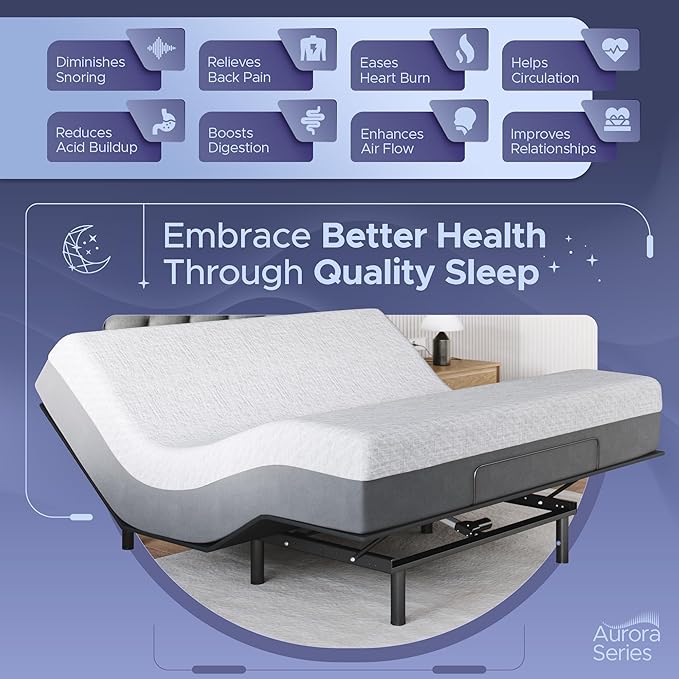 Celestial Sleep Aurora Adjustable Bed Base (Frame) + 12 inch Gel Memory Foam Mattress (Medium Soft), Easy Assembly, Head and Foot Lift, Zero Gravity, Memory Positions, CertiPUR-US Bed - King