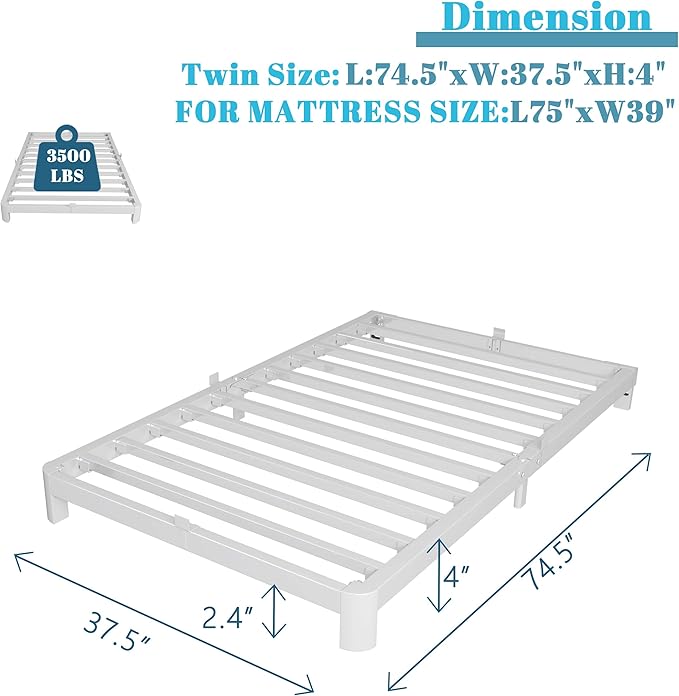 4 Inch Twin Bed Frames with Metal Baffles, White Bed Frame Twin Size No Box Spring Needed, Rounded Corner Legs, Heavy Duty Steel Platform Support, Noise Free, Easy Assembly