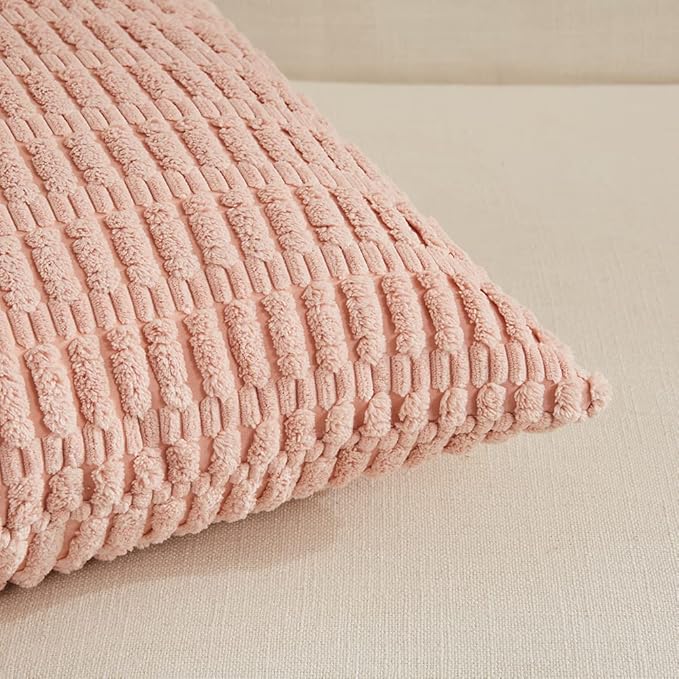 Fancy Homi 2 Packs Blush Pink Decorative Throw Pillow Covers 18x18 Inch for Living Room Couch Bed Sofa, Soft Striped Corduroy Square Cushion Case 45x45 cm, Rustic Farmhouse Boho Home Decor