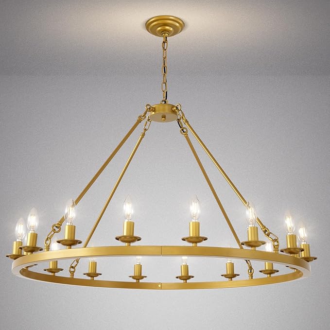 Wagon Wheel Chandelier, 16-Light Gold Round Modern Farmhouse Chandelier with Adjustable Height Hanging Island Light Fixture for High Ceiling Dining Room, Kitchen, Living Room, Entryways, Foyer