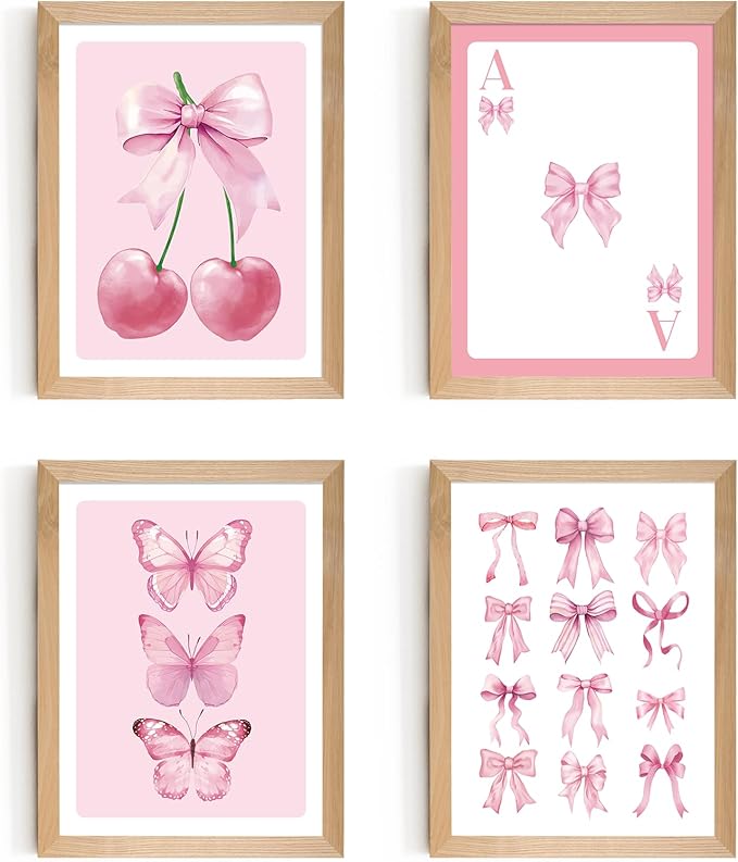 Set of 4 Framed Pink Bow Wall Art Prints Decor,12x16”Coquette Trendy Preppy Wall Decor Cherry Butterfly Canvas Wall Art Prints Framed Nursery Children Artwork Girls Playroom Bedroom Decoration
