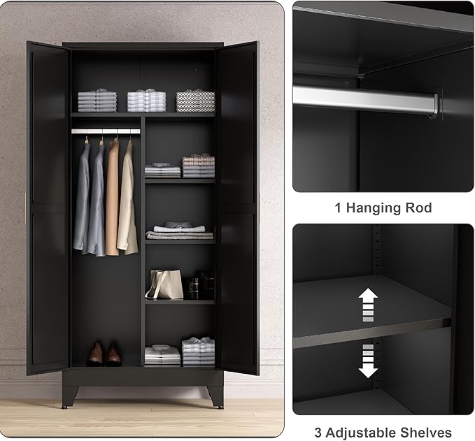 71'' Farmhouse Metal Wardrobe Cabinet with Hanging Rod, 2 Barn Door Wardrobe Closet with 5 Adjustable Shelves,Drawer,for Dining Room,Bedroom,Living Room, Cloak Room,Office (Black)