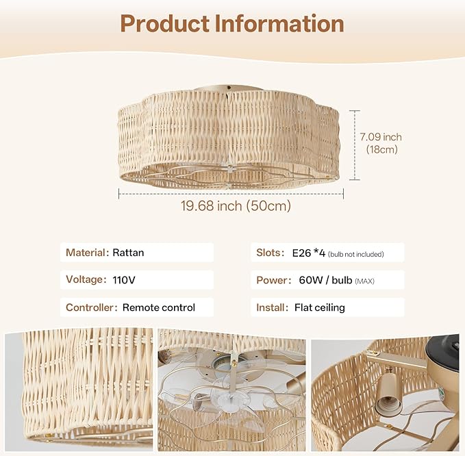 Caged Ceiling Fan with Lights, Flush Mount 20" Boho Ceiling Fans with Lights Remote Control, Low Profile Rattan Bladeless with 6 Speeds for Bedroom, Nursery, Kitchen