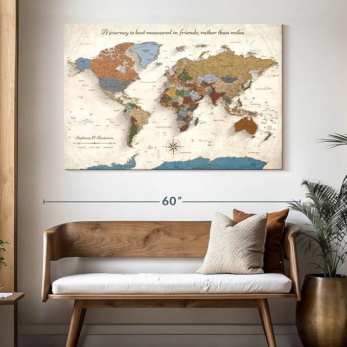 ElephantStock - Personalized Journey V Push Pin World Map Wall Art - Horizontal Canvas Wall Art - Living Room Wall Decor - Digital Art Map Canvas Art - Beige And Orange Decor - 51" x 34"