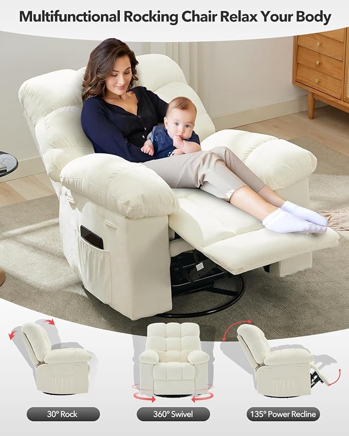 Swivel Recliner Chair, Upholstered Fabric Comfy Rocking Chair, Sturdy Q235 Steel Frame Nursery Glider, 300 LBS Capacity, for Small Spaces, Living Room, Bedroom, Beige