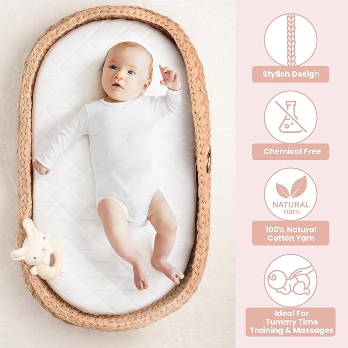 Handmade Baby Changing Basket Set with a Soft Changing Pad and Waterproof Cover,Diaper Organizer,Rattle Shaker, Moses Basket, Changing Table Topper for Dresser| Boho Bassinet, Handmade Crochet Basket