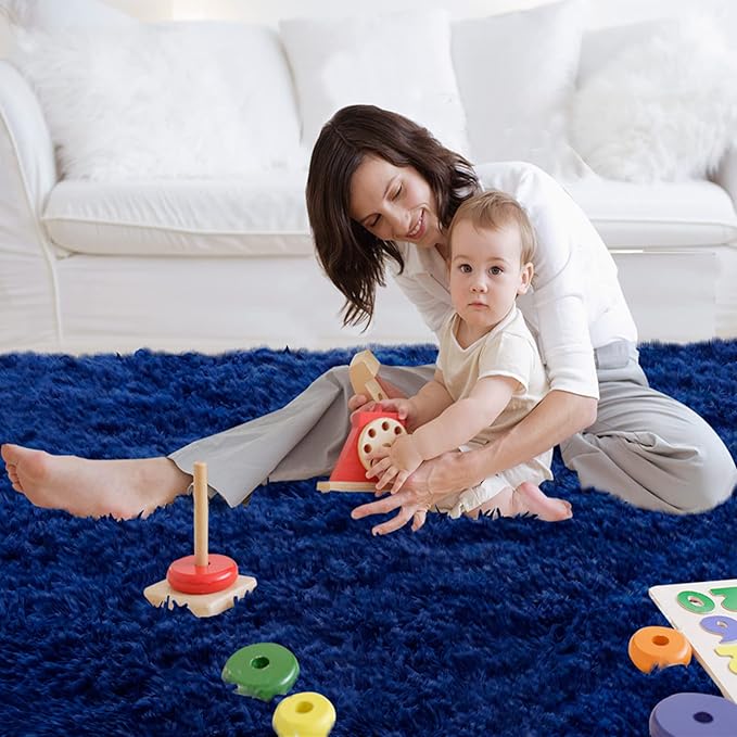 CAIYUECS Blue Area Rug for Living Room: Indoor Ultra Soft Shag Plush Rugs for Bedroom - Non-Skid Modern Nursery Faux Fur Rugs for Kids Room Home Decor (8x10 Feet, Navy Blue)