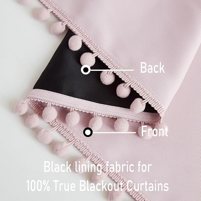 Pink Blackout-Curtains for Bedroom Pom Pom Thermal Insulated 100% Full Blackout Curtain Panels for Girls Baby Nursery Room 90 inch Energy Efficient Window Drapes for Kids 52"w x2 Panels Rod Pocket